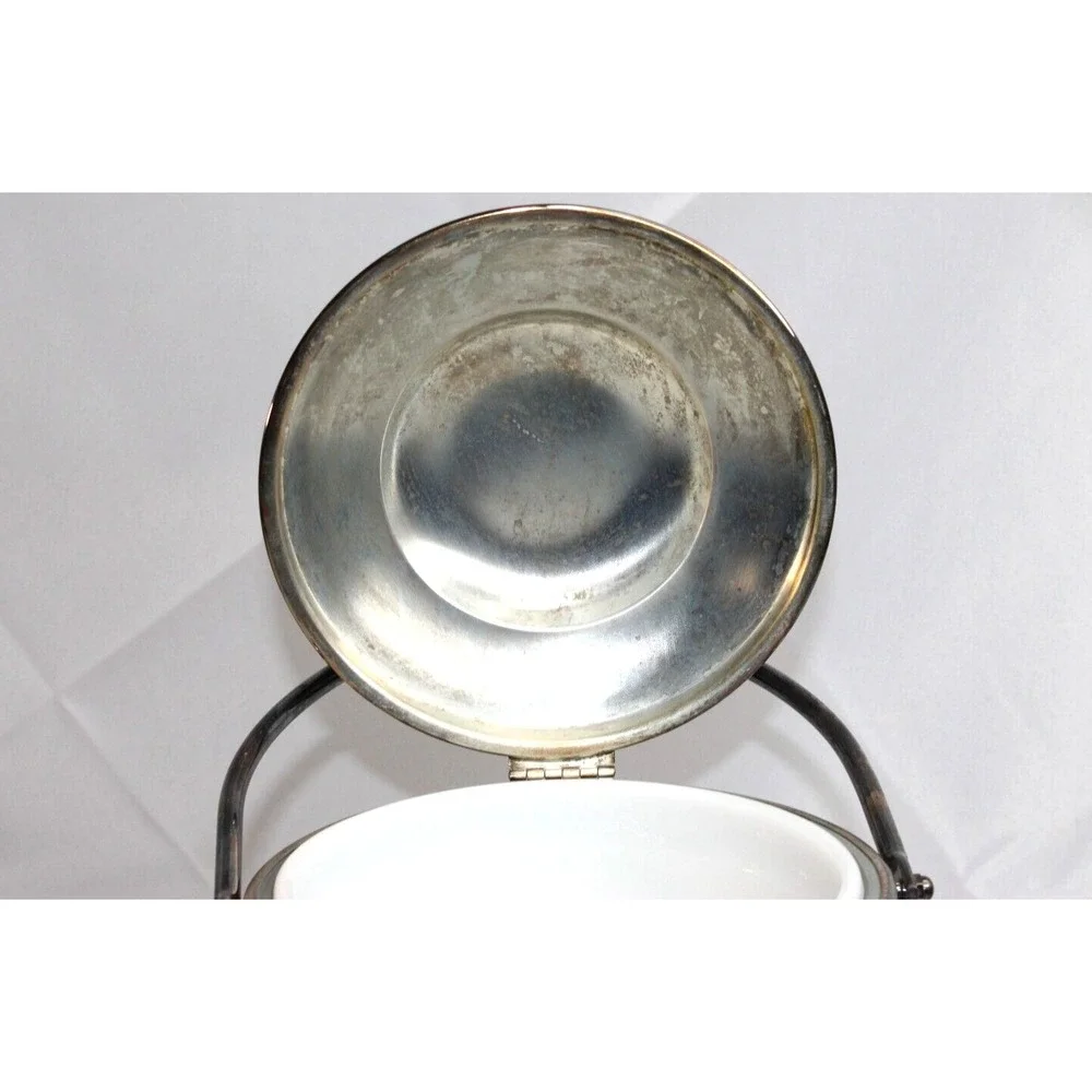 Vintage Antique Silverplated‎ Newport Swing Top Ice Bucket Milk Glass Interior